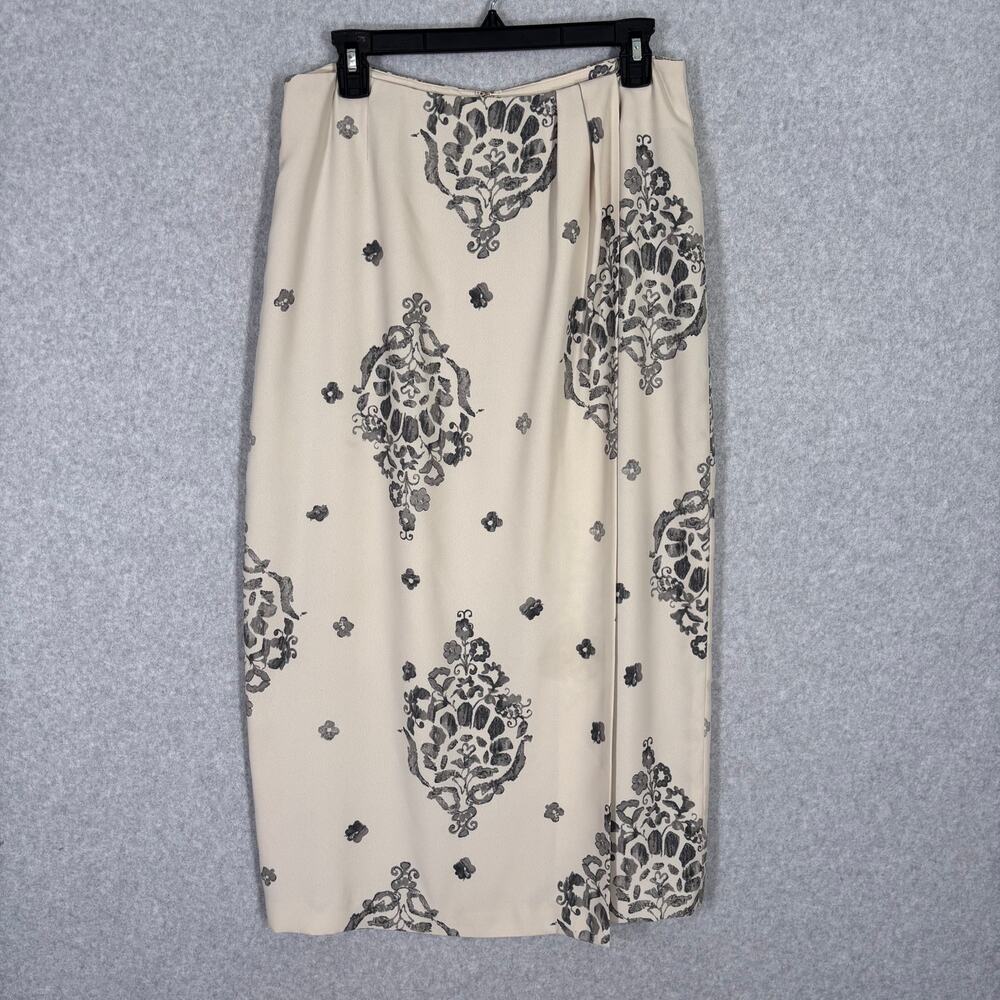 Chaus Wrap‎ Midi Skirt 12 Tan Pleated Medallion Paisley Feminine Career Church